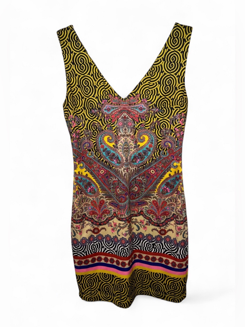 Bebe Déjà Vu Paisley Psychedelic Y2K V-Neck Bodycon Mini Dress Vintage Retro